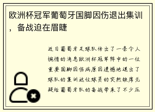 欧洲杯冠军葡萄牙国脚因伤退出集训，备战迫在眉睫