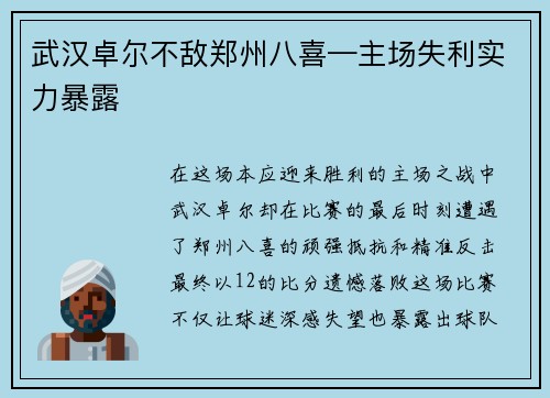 武汉卓尔不敌郑州八喜—主场失利实力暴露