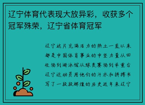 辽宁体育代表现大放异彩，收获多个冠军殊荣，辽宁省体育冠军