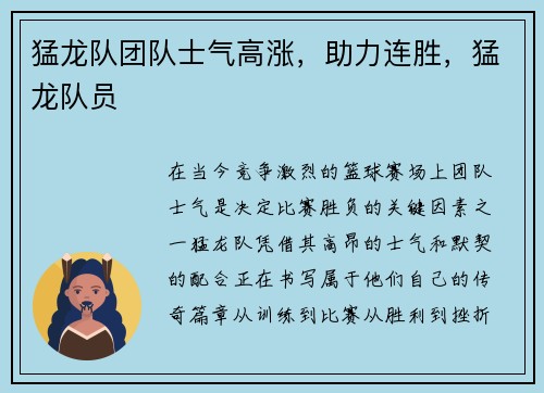 猛龙队团队士气高涨，助力连胜，猛龙队员