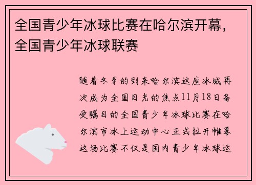 全国青少年冰球比赛在哈尔滨开幕，全国青少年冰球联赛