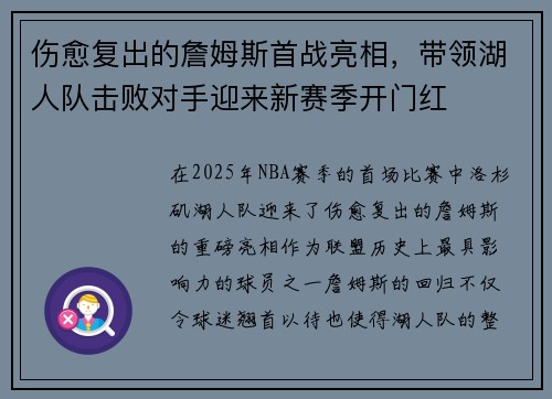 伤愈复出的詹姆斯首战亮相，带领湖人队击败对手迎来新赛季开门红