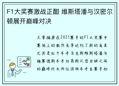 F1大奖赛激战正酣 维斯塔潘与汉密尔顿展开巅峰对决