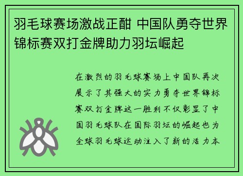 羽毛球赛场激战正酣 中国队勇夺世界锦标赛双打金牌助力羽坛崛起